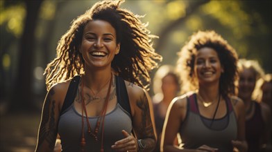 Happy Mixed-race female friends enjoying a healthy run in the park together. generative AI