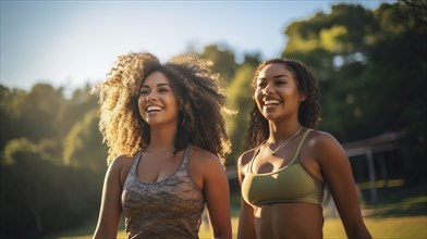 Happy african american female friends enjoying a healthy run in the park together. generative AI