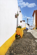 Typical colourful alley in the medieval village of Óbidos, Portugal, Europe