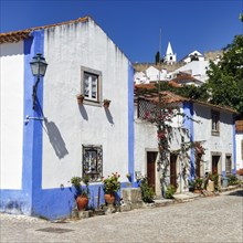 Typical houses in the medieval village, painted blue and white, Óbidos, Portugal, Europe