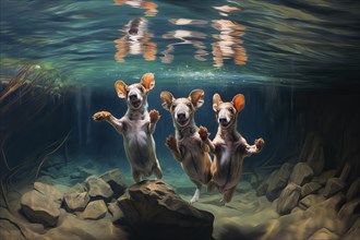 Three Italian Greyhound puppies diving in a river, AI Generated