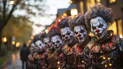 Several teenagers dressed up as clowns for halloween walking down the sidewalk together, generative