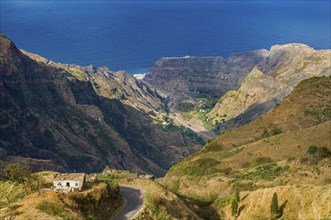 Little house in mountain landscape of island San Antao. Cabo Verde. Africa