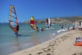 Surfers on Prasonisi Beach, Beach, Rhodes, Dodecanese, Greece, Europe