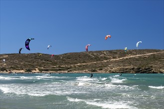 Kitesurfers on Prasonisi Beach Peninsula, Beach, Rhodes Island, Greece, Europe