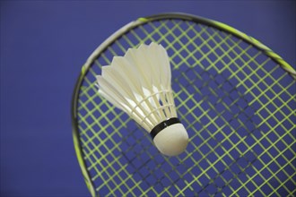 Badminton racket with shuttlecock, sport, badminton, sports equipment, racket, blue, white, studio