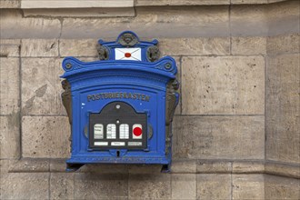 Historic blue letterbox, Wernigerode, Saxony-Anhalt, Germany, Europe