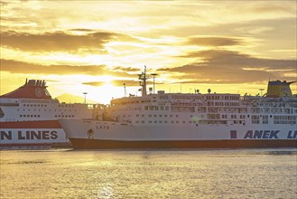 Backlight, ferries, ANEK, Minoan Lines, dramatic cloudy sky, harbour, Heraklion, capital, island of