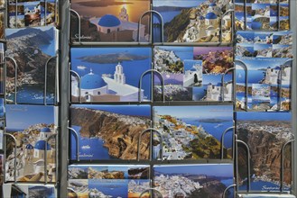 Postcard on sale in a gift shop, Firá, Thira, Santorin, Cyclades, Greece, Europe