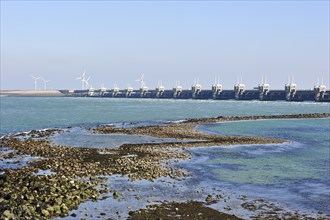 Storm surge barrier, Oosterscheldekering, storm surge barrier of the Oosterschelde at Neeltje Jans,