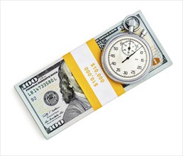 Time is money loan concept background, stopwatch and stack of new 100 US dollars 2013 edition