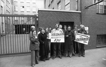 The strike of the printers in collective bargaining dispute on 7.5.1976 in Dortmund.Solidarity