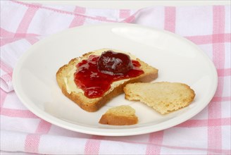 Rusk with strawberry jam on plate, jam, strawberry jam, strawberry infusion, bread rolls,