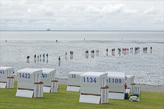 People on the mudflats, beach chairs, Büsum, Schleswig-Holstein, Germany, Europe