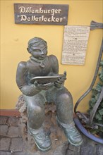 Sculpture of the historic Dillenburg Dellerlecker in the main street, Tellerlecker, Dillenburg,