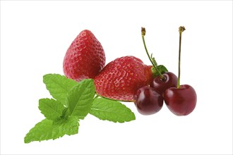 Fresh strawberry, cherry and mint isolated on white background