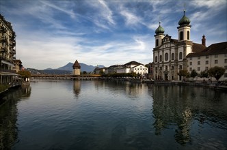 Chapel Bridge with Pilatus, Jesuit Church, Old Town, Lucerne, Switzerland, Europe