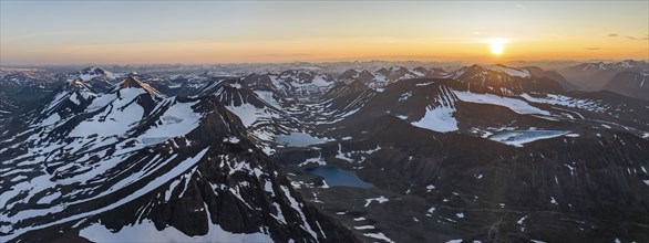 Aerial view of the peaks of Swedish Lapland, view into the valley Unna Räitavagge, also Unna