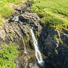 Eas Fors Waterfall from a drone, Isle of Mull, Scottish Inner Hebrides, Scotland, UK