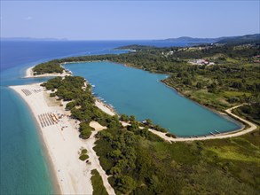 Aerial view, lagoon, beach and harbour, Glarokavos, Pallini, Kassandra Peninsula, Chalkidiki,