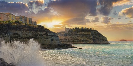 Coastal view of the old town of Tropea on sandstone cliffs and the medieval church Santuario di