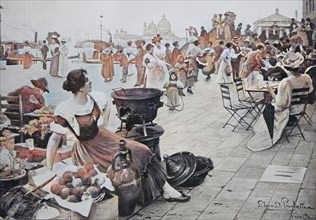 Market and street café on the riva degli schiavoni in Venice, 1880, Italy, Historical, digitally