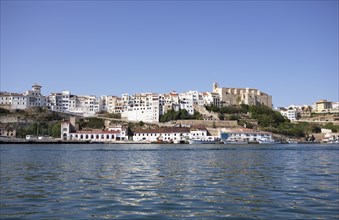 Old town and boats in the natural harbour of Mao, Mahon, Menorca, Spain, Europe