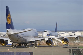 Airport during the corona crisis parked Lufthansa boeing 747, Frankfurt am Main, Hesse, Germany,