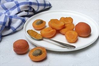 Apricot, apricot halves on plate with spoon