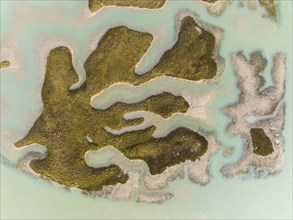 Patches of land appear while the tide is going out, in the marshland of the Bahía de Cádiz, aerial