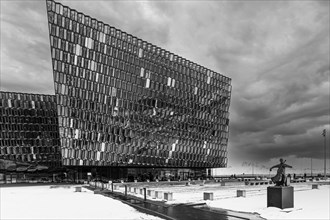 Façade of the Harpa Concert Hall and Congress Centre, black and white photo, Reykjavik, Reykjanes