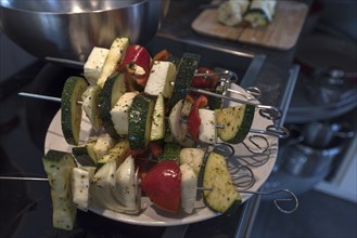 Ready-made vegetable skewers for grilling, Franconia, Bavaria, Germany, Europe