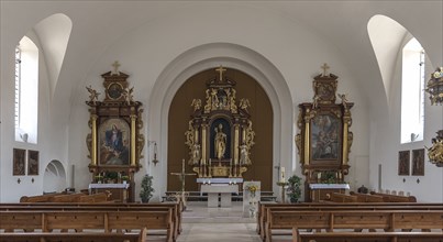 Interior with altar of St. Nicholas Church, Sand am Main, Lower Franconia, Bavaria, Germany, Europe