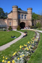 Entrance to the Botanical Garden in spring, flowers, Karlsruhe, Baden-Württemberg, Germany, Europe