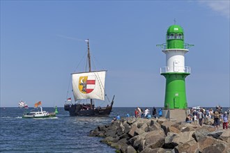 Hanseatic cog, Baltic Sea, pier light, Hanse Sail, Warnemünde, Rostock, Mecklenburg-Western