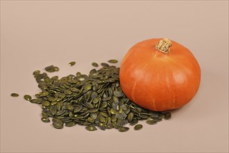 Pumpkin seeds next to whole 'Red Kuri Hokkaido' squash