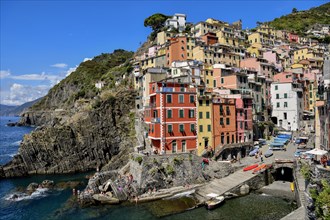 Fishing village of Riomaggiore, village view, Cinque Terre, province of La Spezia, Liguria, Italy,