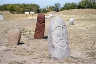 Balbals, historical gravestones in the shape of human faces, near Tokmok, Chuy, Kyrgyzstan, Asia