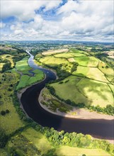 Panorama over Sharpham Meadows and Marsh over River Dart from a drone, Totnes, Devon, England,