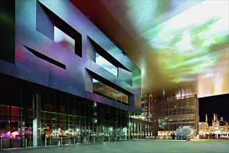 Art and Congress Centre, KKL, light installation at dusk, Lilu, Light Festival 2023, Lucerne,