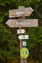 Signpost near the Wildsee, Black Forest National Park, Freudenstadt County, Baden-Württemberg,