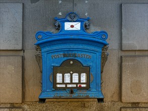 Historic blue letterbox, Potsdam Main Post Office, Brandenburg, Germany, Europe