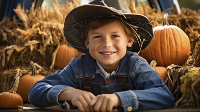 Happy young boy wearing cowboy hat sitting amongst the fall pumpkin harvest, generative AI