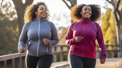 Happy over weight african american female friends enjoying a healthy run in the park together.