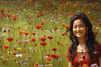 Beautiful young Asian woman with dark hair in a wildflower field, Kyrgyzstan, AI generated, Asia