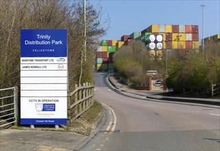 Sign for Trinity Distribution Park, Port of Felixstowe, Suffolk, England, UK