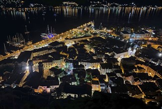 Night, View of the Old Town of Kotor from above, Bay of Kotor, Adriatic Sea, Mediterranean Sea,