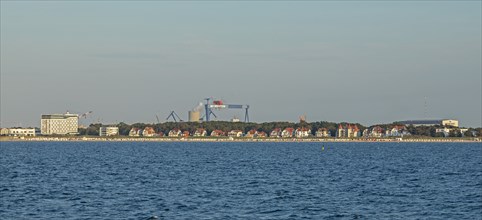 Panoramic view of the shore line, MV shipyards, Baltic Sea, Warnemünde, Rostock,