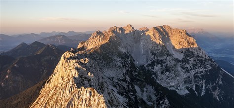 Aerial view, sunset, alpenglow in the mountains, mountain range, Wilder Kaiser, Tyrol, Austria,