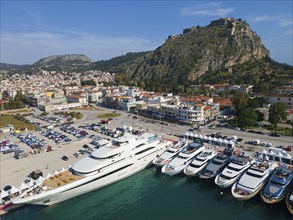 Aerial view, Mediterranean yacht show, harbour, old town and Palamidi fortress, Nafplio, Nauplia,